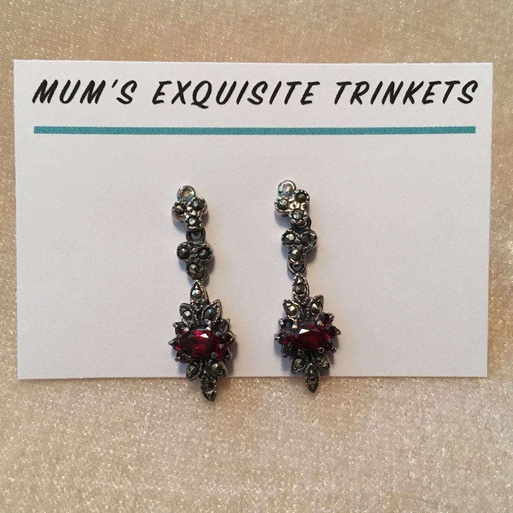 Antique Style Hematite Red Crystal Post Earrings